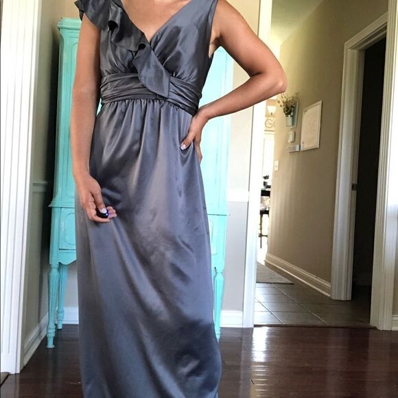 Amsale Satin Gray Gunmetal Ruffle Bridesmaids Dress Size 12 Sleeveless Wedding - Picture 8 of 10